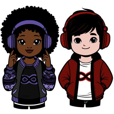 an afroamerican girl with headphones and a boy with headphones, they have an ♾️ symbol on their shirt