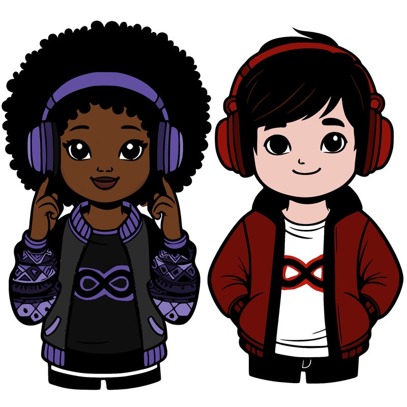 an afroamerican girl with headphones and a boy with headphones, they have an ♾️ symbol on their shirt