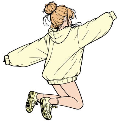 realistic girl jumping with a bun and oversized sweatshirt