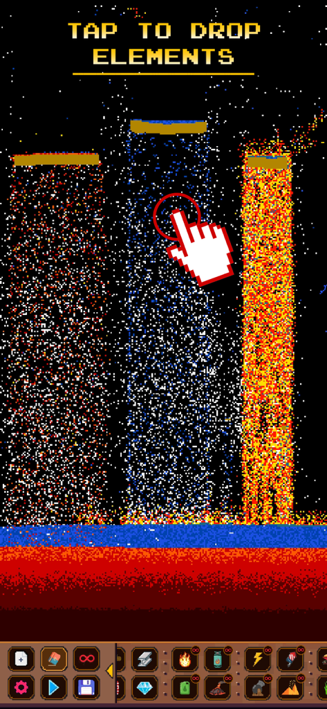 Sandbox - Physics Simulator - Pixel art gameplay of Sandbox Physics Simulator showing falling particles and a hand icon indicating tap to drop elements