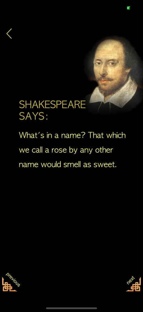 Mobile App-Bildschirm mit einem berühmten Zitat von William Shakespeare und seinem Porträt