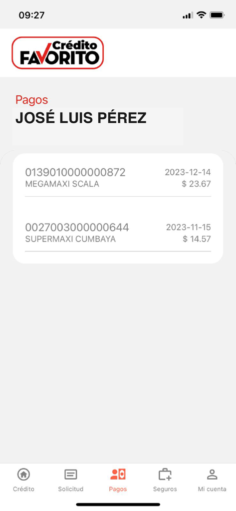 Crédito Favorito - Payment history screen of the Credito Favorito mobile app showing recent transactions and amounts