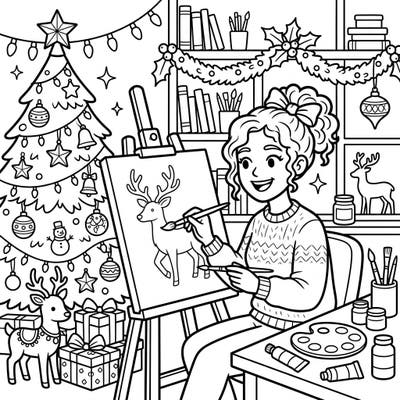 Unleash your holiday spirit with this delightful coloring page featuring an artist immersed in Christmas cheer. Watch as she paints a charming reindeer, surrounded by festive decorations, ready for your artistic touch.