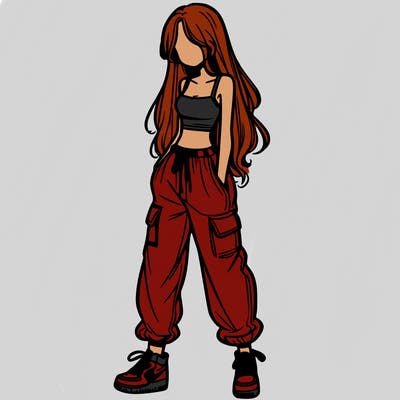 girl in baggy pants crop top and long hair
