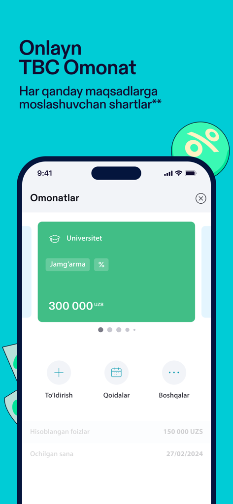 TBC UZ: Online Mobile Banking - Pantalla de depósito de ahorros en línea de la aplicación móvil TBC UZ que muestra una cuenta de ahorros universitaria con un saldo de 300000 UZS.