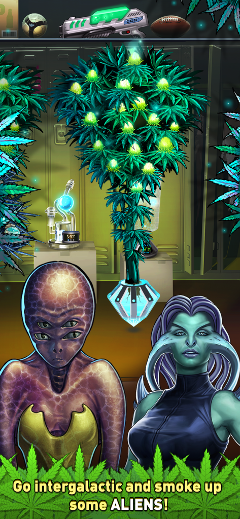 Zwei einzigartige Alien-Charaktere stehen vor einer leuchtenden Alien-Weed-Pflanze in Weed Firm 2