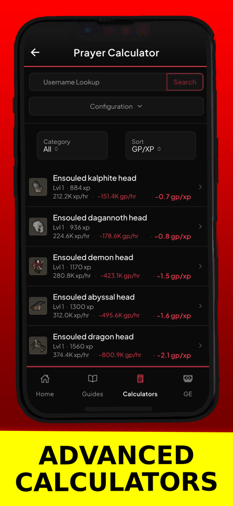 Theoatrix Toolkit - OSRS Prayer calculator screen in the Theoatrix Toolkit app showing training efficiency and cost data
