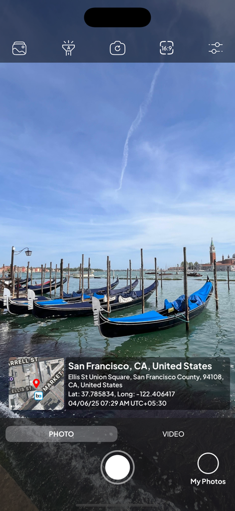 GPS Map Camera, Timestamp - Screenshot of the GPS Map Camera app showing a photo with a location and timestamp data overlay