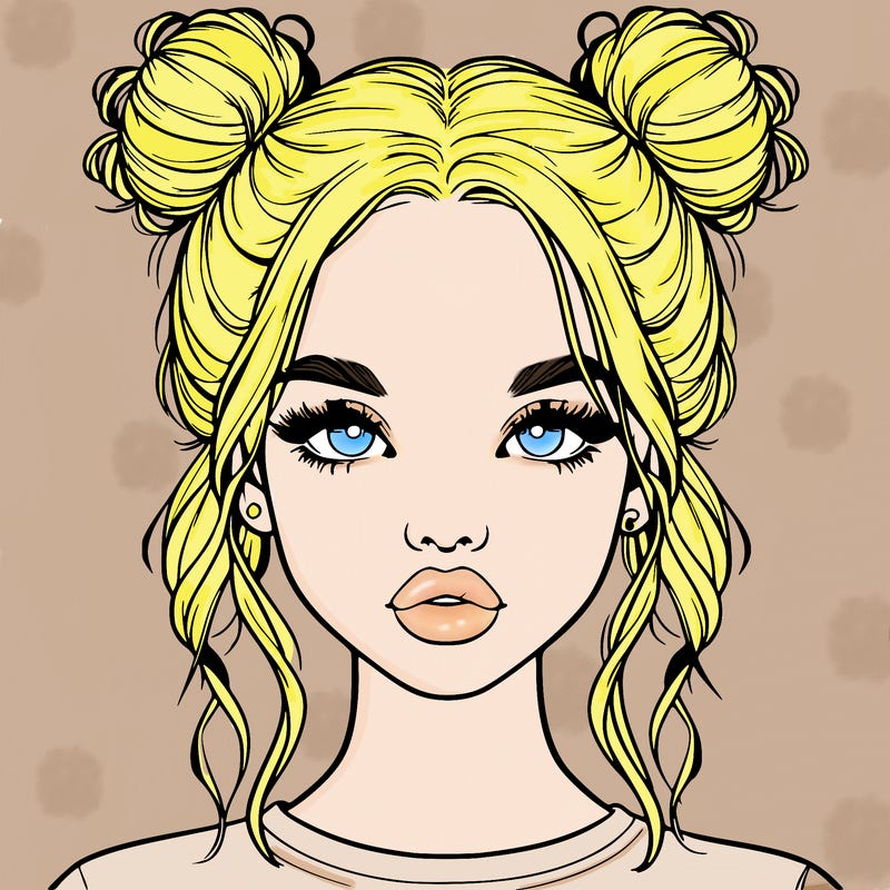 realistic girl with two buns in hair and lips