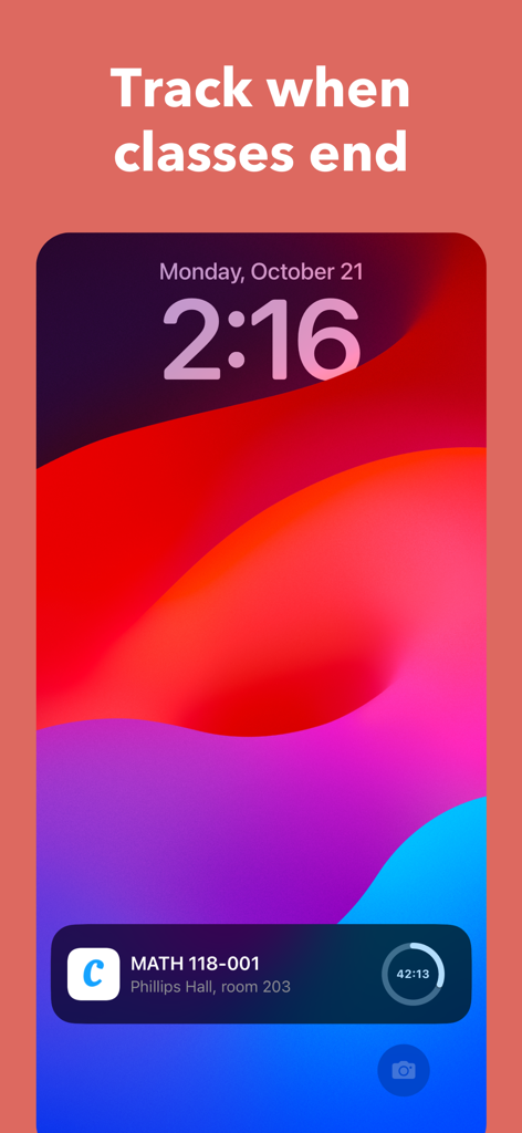 iPhone lock screen showing a Coursicle live activity with a countdown timer for a college math class