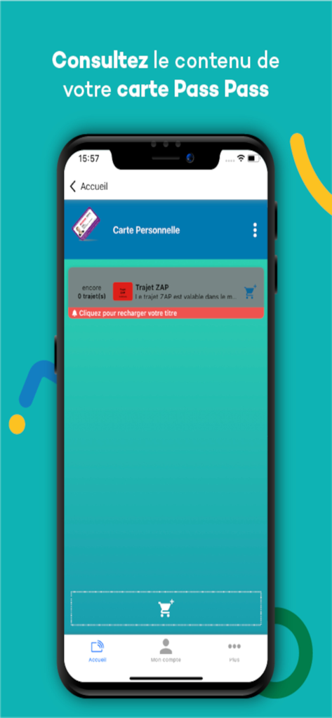 Pass Pass Easy Card - Écran d'accueil de l'application Pass Pass Easy Card affichant le solde de la carte de transport et un bouton de recharge
