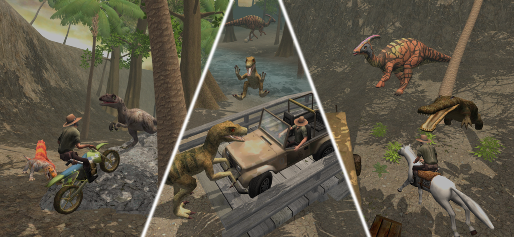 Dinosaur Safari: Evolution-U - Un collage que muestra el juego en Dinosaur Safari: Evolution-U con jugadores usando una motocicleta, un vehículo 4x4 y un caballo para navegar por un mundo prehistórico lleno de dinosaurios.
