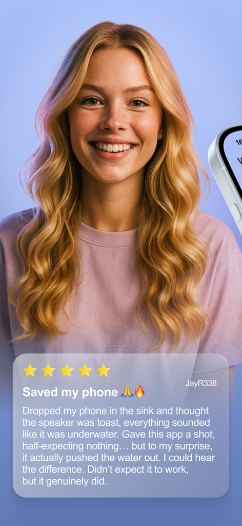 Happy user review for Water Eject Pro Cleaner app showing a 5-star rating and testimonial text