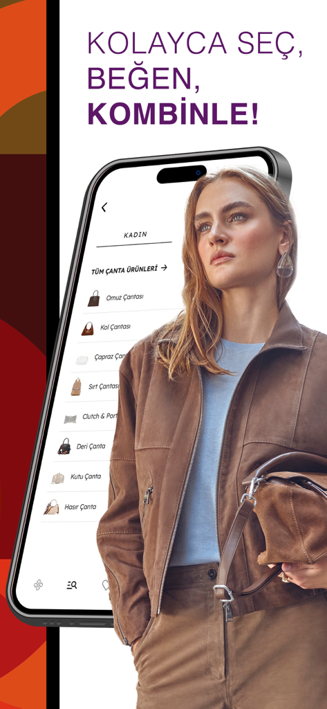 Derimod - A woman in a stylish brown leather jacket with the Derimod app interface displaying categories for womens bags