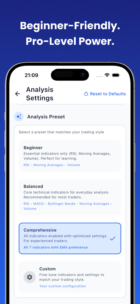 Chart AI - Technical Analysis - Chart AI app analysis settings screen showing beginner balanced and comprehensive trading preset options