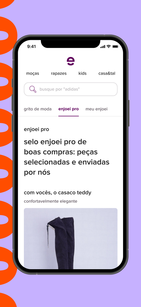 enjoei: comprar e vender roupa - Enjoeiアプリのスクリーンショットには、テディコートのようなファッションアイテムが特徴のEnjoei Proキュレーションセクションが表示されています。