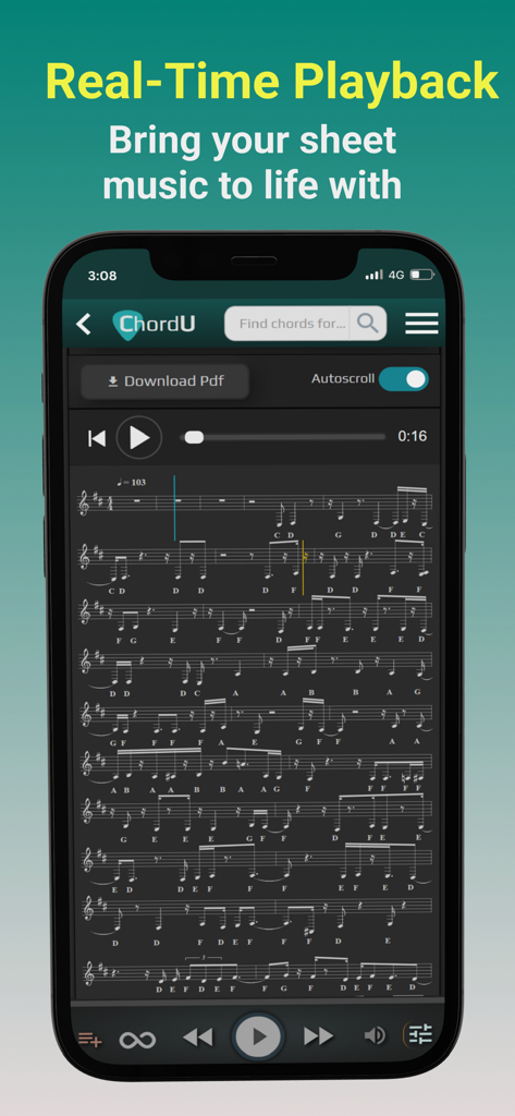 ChordU - get chords & notes - ChordU app interface showing real-time scrolling sheet music and chords for musical practice.