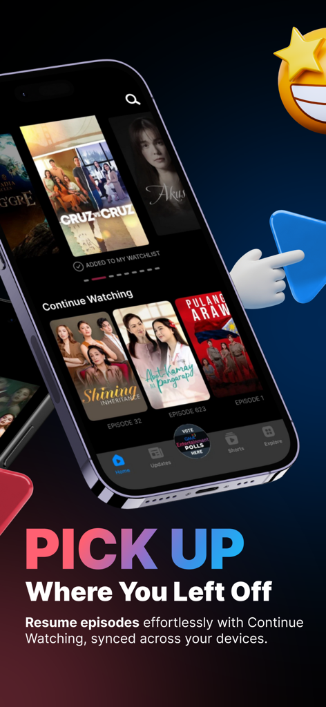 GMA Play mobile app screen showing the Continue Watching feature for Filipino dramas and shows.