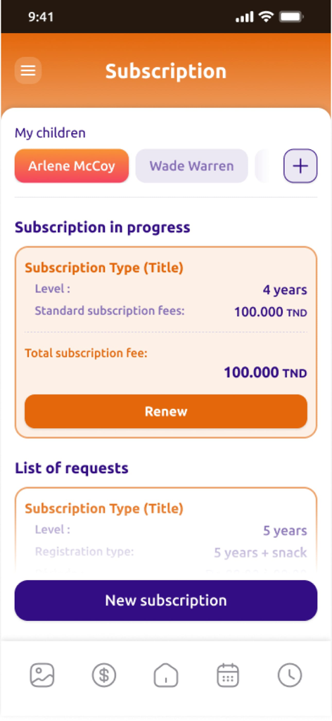 DigiKids - DigiKids app subscription interface showing school fee details and renewal options for children