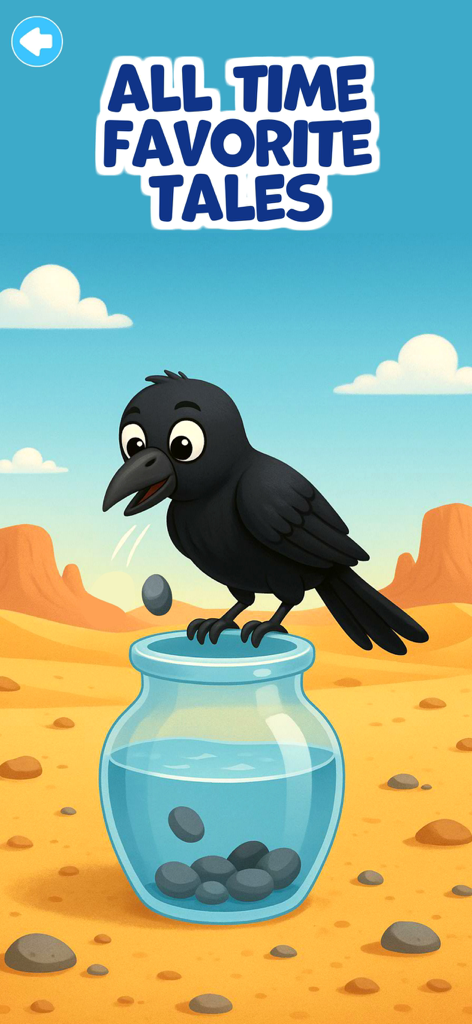 Ein Zeichentrickkrähe, die Kieselsteine in ein Wasserglas fallen lässt und damit die Fabel vom durstigen Raben illustriert.