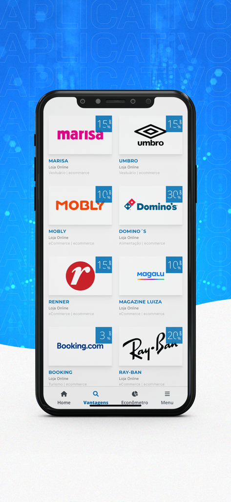 Clube Plis - Interface do aplicativo móvel Clube Plis mostrando várias ofertas de descontos e cupons de parceiros de marca