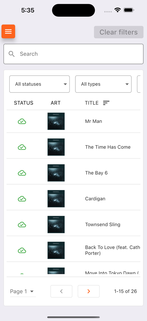 Interface de gestion de pistes dans l'application Live365 Broadcaster montrant une liste de chansons avec statut et illustration