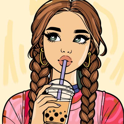 realistic girl with braided hair drinking boba