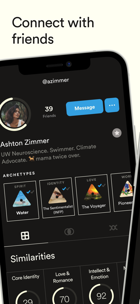 A user profile in the Dimensional app showing personality archetypes like Water and The Voyager along with relationship similarity scores