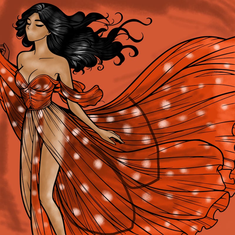 realistic woman in dress flowing the the wind
