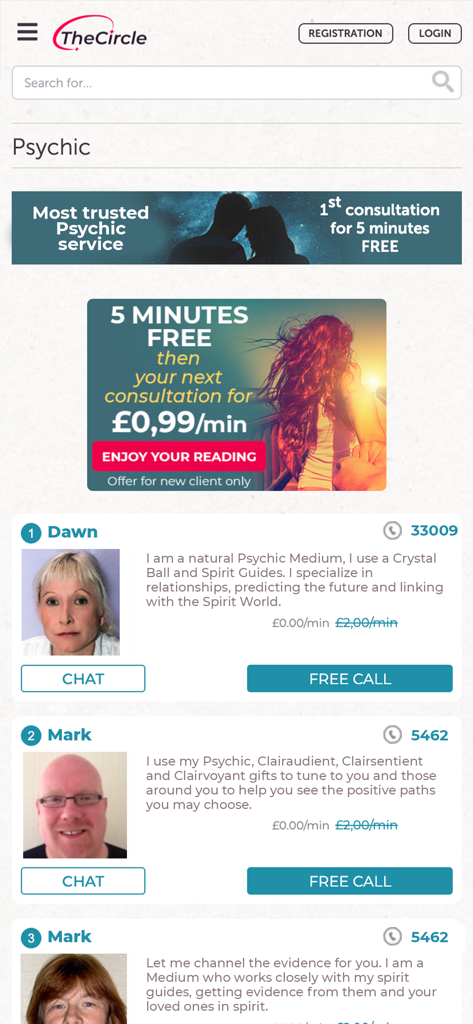 TheCircle - Your Psychic App - List of available psychic readers on TheCircle app with chat and call options