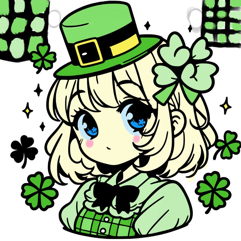 a manga-style girl with clovers around her, a little hat in her hair, like it's saint patrick's day
