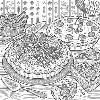 Dive into a world of delicious detail with this intricate chocolate cream pies coloring page, designed especially for creative teens. Featuring sumptuous desserts with delicate toppings, it's the perfect way to unwind and express your artistic flair.