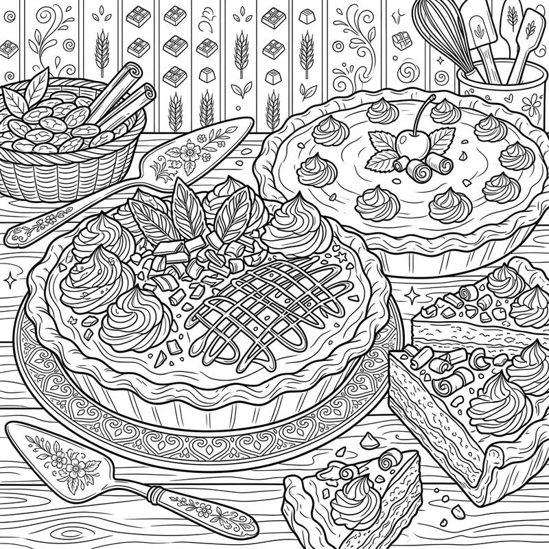 Dive into a world of delicious detail with this intricate chocolate cream pies coloring page, designed especially for creative teens. Featuring sumptuous desserts with delicate toppings, it's the perfect way to unwind and express your artistic flair.
