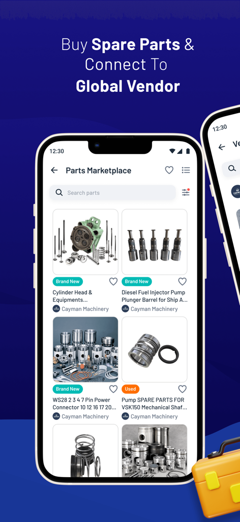 My Ship Info - Una interfaz de aplicación móvil que muestra un mercado de repuestos marinos que incluye culatas de cilindro e inyectores de combustible diésel.