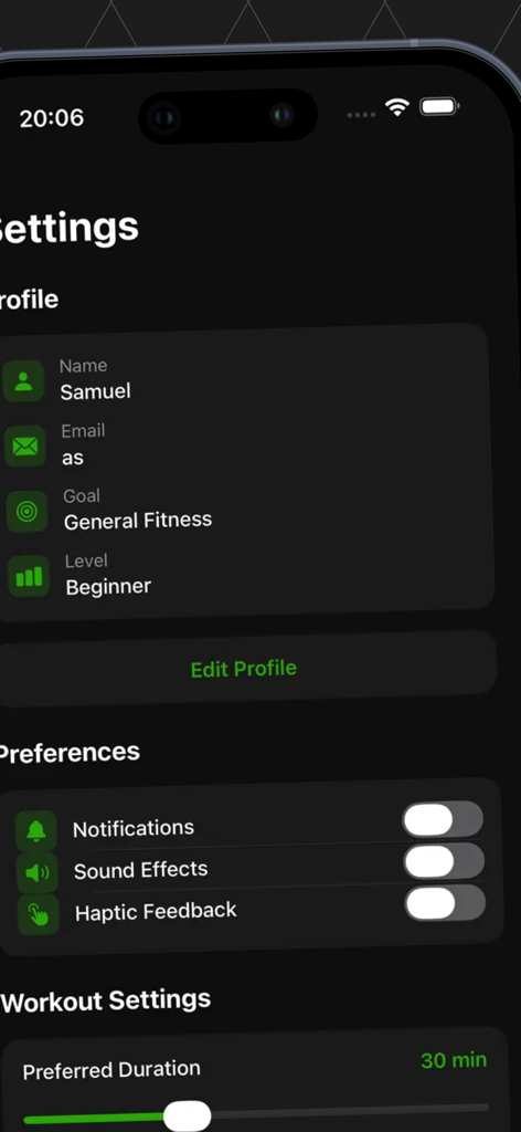 AVita Harmony - Tela de configurações do AVita Harmony exibindo o perfil do usuário e as preferências de treino