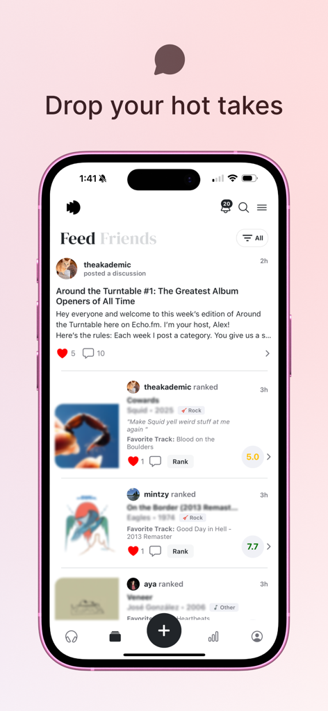 Echo - Rank music! - Social feed of the Echo app featuring music rankings and community discussions.