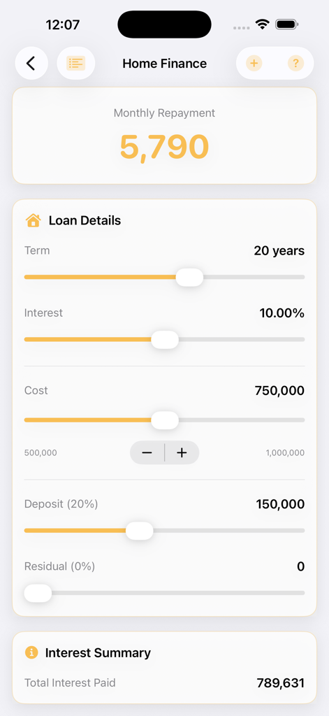 FinCalc mobile app home finance calculator screen with loan details and monthly repayment result