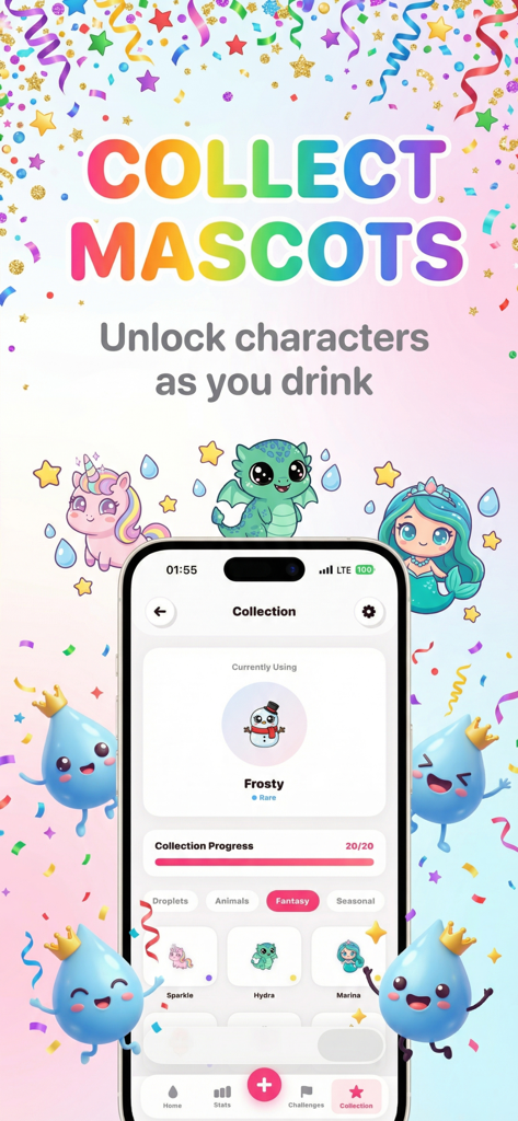 Water Reminder - DropWise - DropWise app screen showing collectible mascot characters and hydration collection progress.