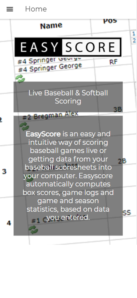 EasyScore Baseball Scoring - EasyScore app home screen displaying live baseball and softball scoring features with a digital scoresheet background
