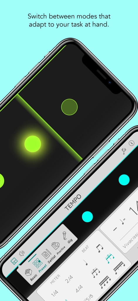 Tempo metronome app interface on iPhone showing various performance modes and visual rhythm LEDs