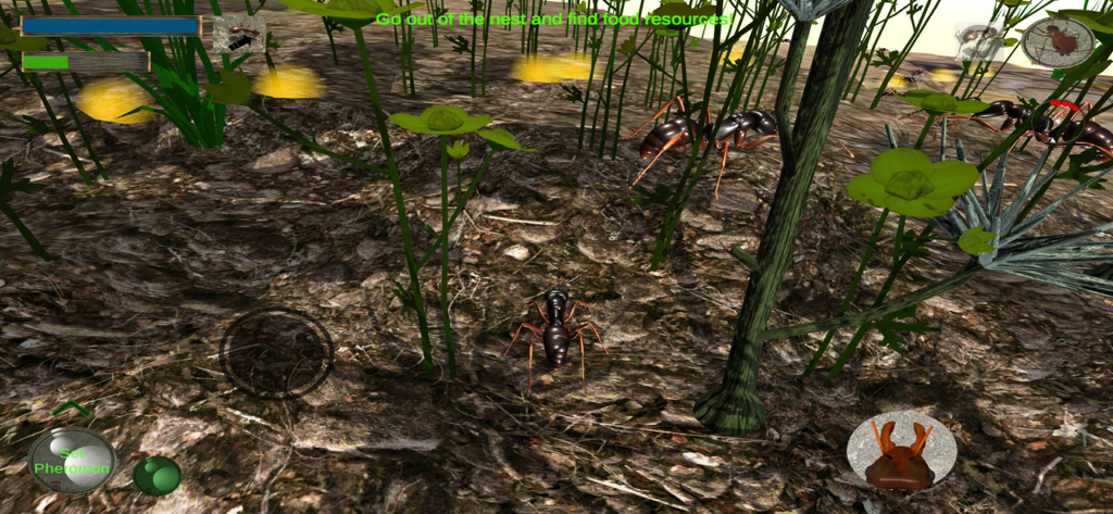 Ant Simulation 3D - Jogabilidade de simulação de formigas em 3D mostrando formigas procurando comida em um ambiente florestal