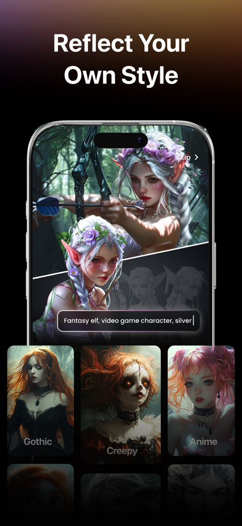 Un écran mobile montrant l'application Wonder AI Art Generator avec des portraits de personnages dans les styles Gothique, Effrayant et Anime.