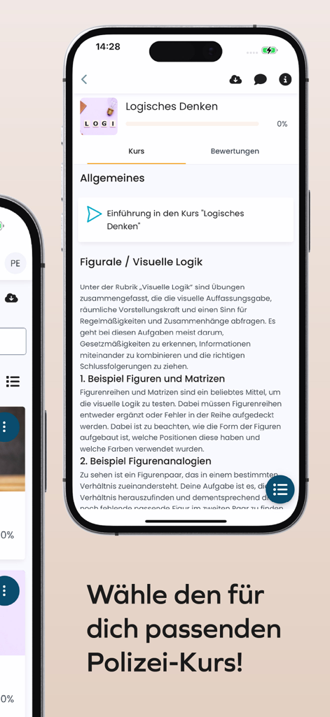 Plakos Prüfungstrainer - A mobile screen from the Plakos app showing a logical thinking course module for exam preparation