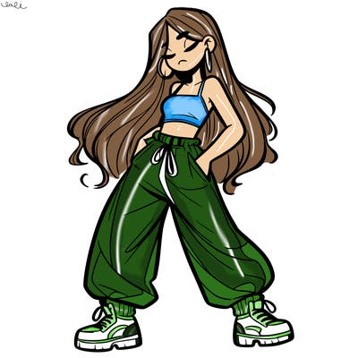 girl in baggy pants crop top and long hair