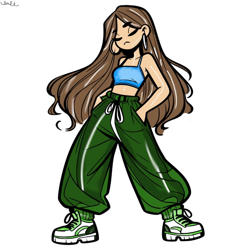 girl in baggy pants crop top and long hair