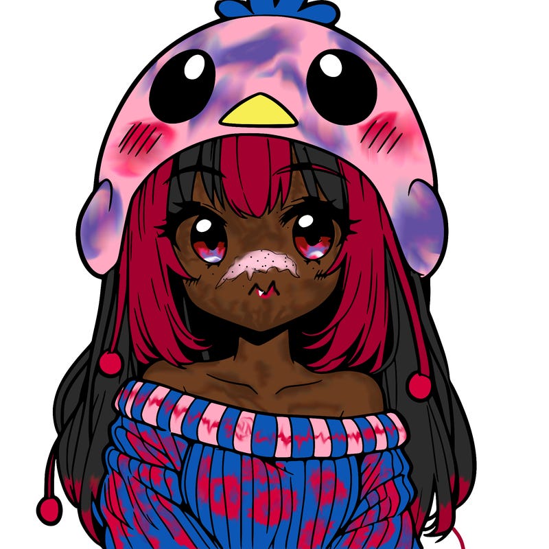 anime girl with chick shaped hat with sweater with bare shoulders with bangs covering them one eye with low tail