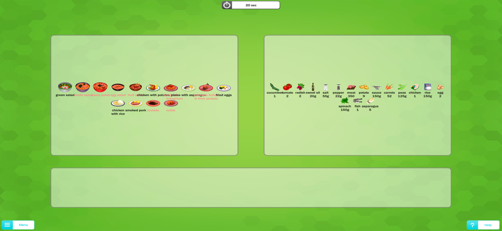 Brain Jogging XXL - Memory training game interface featuring food items and quantities on a green background