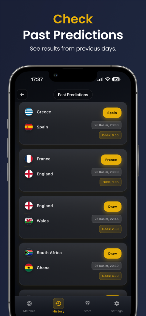 BankoX: Soccer Betting Tips - Pantalla de historial de la aplicación BankoX que muestra consejos de apuestas de fútbol pasados y cuotas de partidos