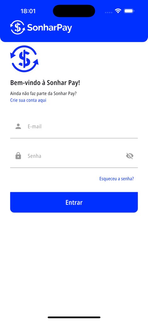 Sonhar Pay - Login screen for the Sonhar Pay finance app featuring email and password fields