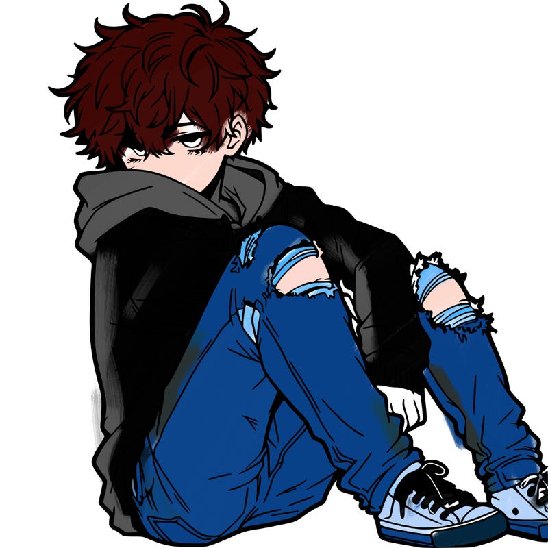 a male hoddie ripped jeans messy hair anime